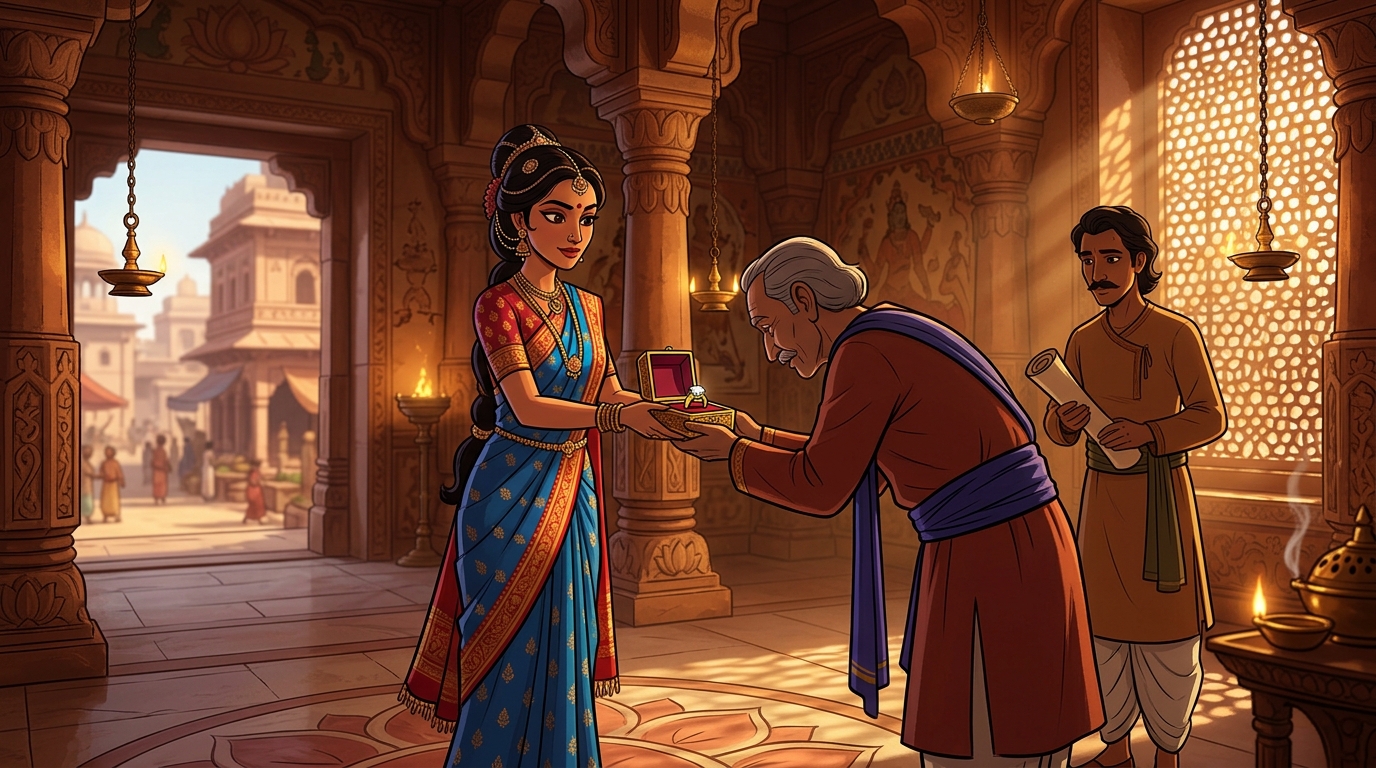 In ancient Ujjayini, Queen Malavika sending her ancestral diamond ring to goldsmith Ratnakara
