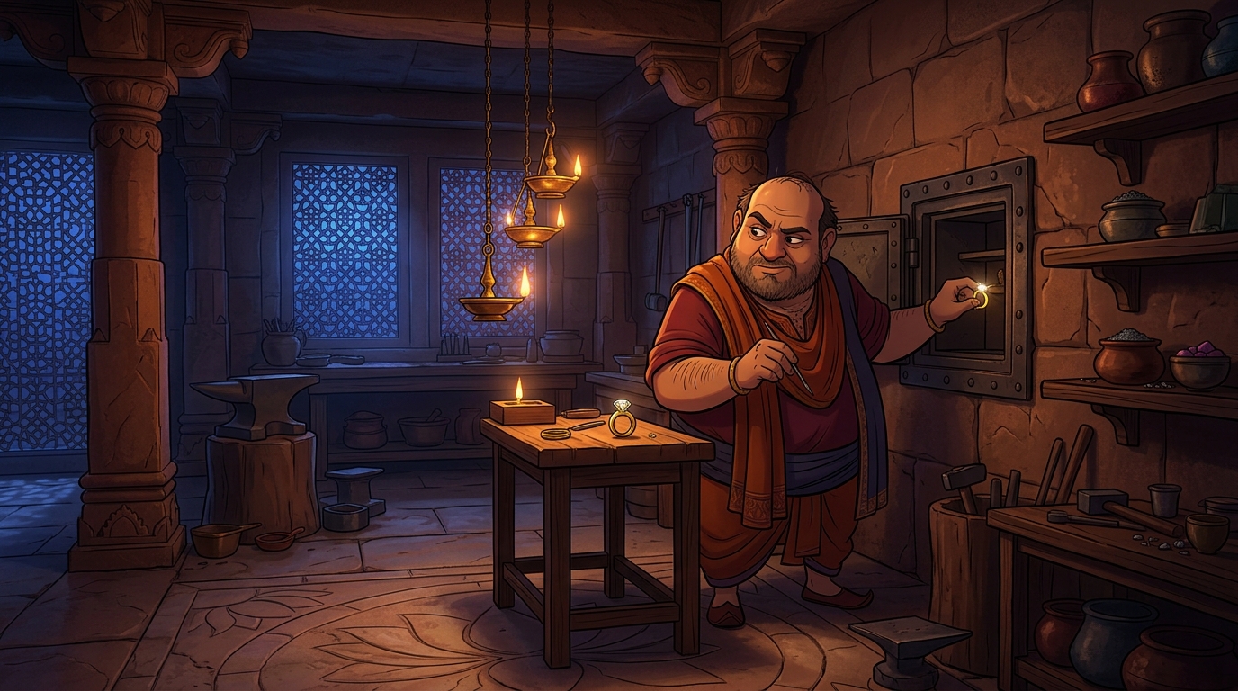 In his dark workshop, the crooked goldsmith Ratnakara crafts an identical brass replica with glass