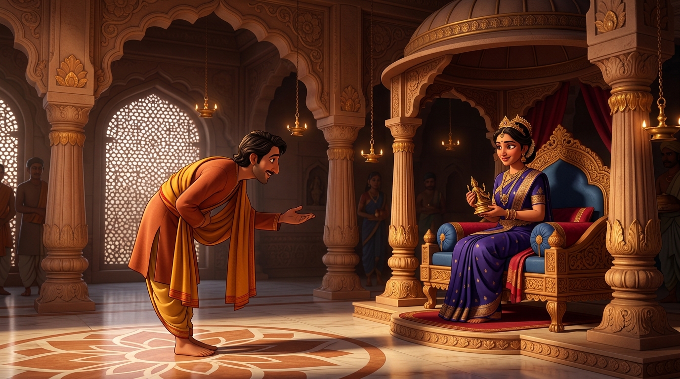 Ratnakara returning the brass replica to Queen Malavika with grand bows and flattering compliments