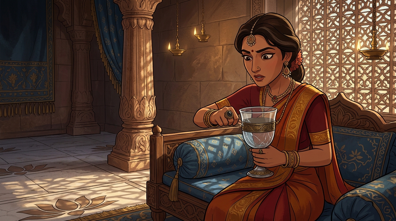 Queen Malavika attempts to scratch crystal; the fake stone chips and fails to scratch
