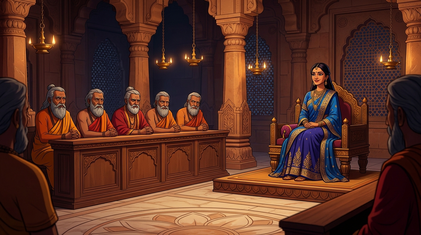 The judges nod in agreement, but Queen Malavika smiles with calm sovereign intellect