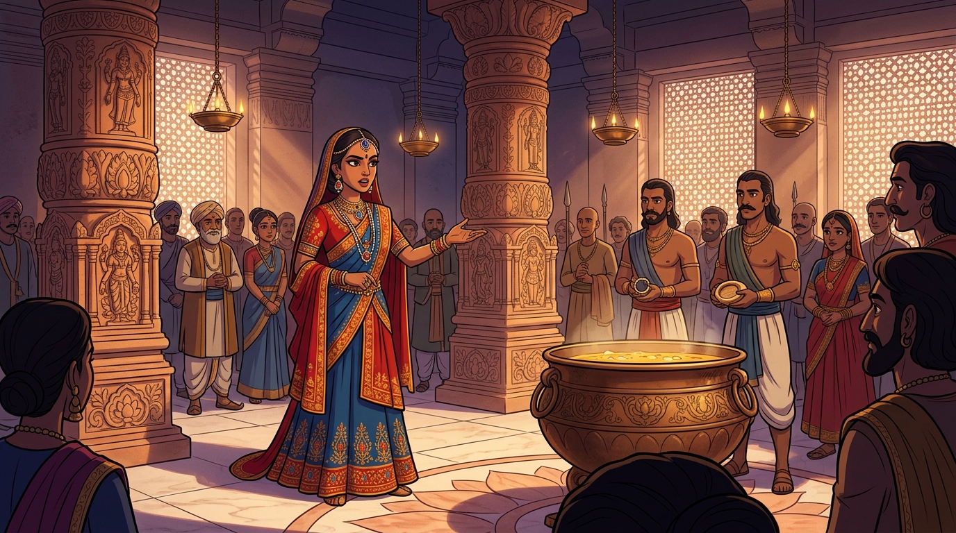 Queen Malavika proposing to drop the disputed ring and goldsmith's wax ring into the boiling oil