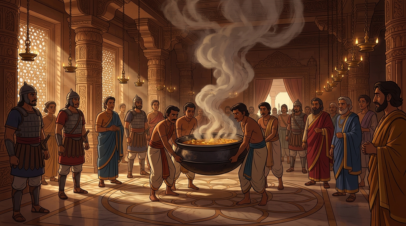 Servants bringing a bubbling smoking cauldron of boiling mustard oil into the court
