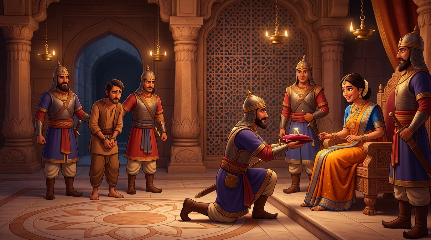 Royal guards recovering the genuine pure gold diamond ring, returning it to the smiling Queen