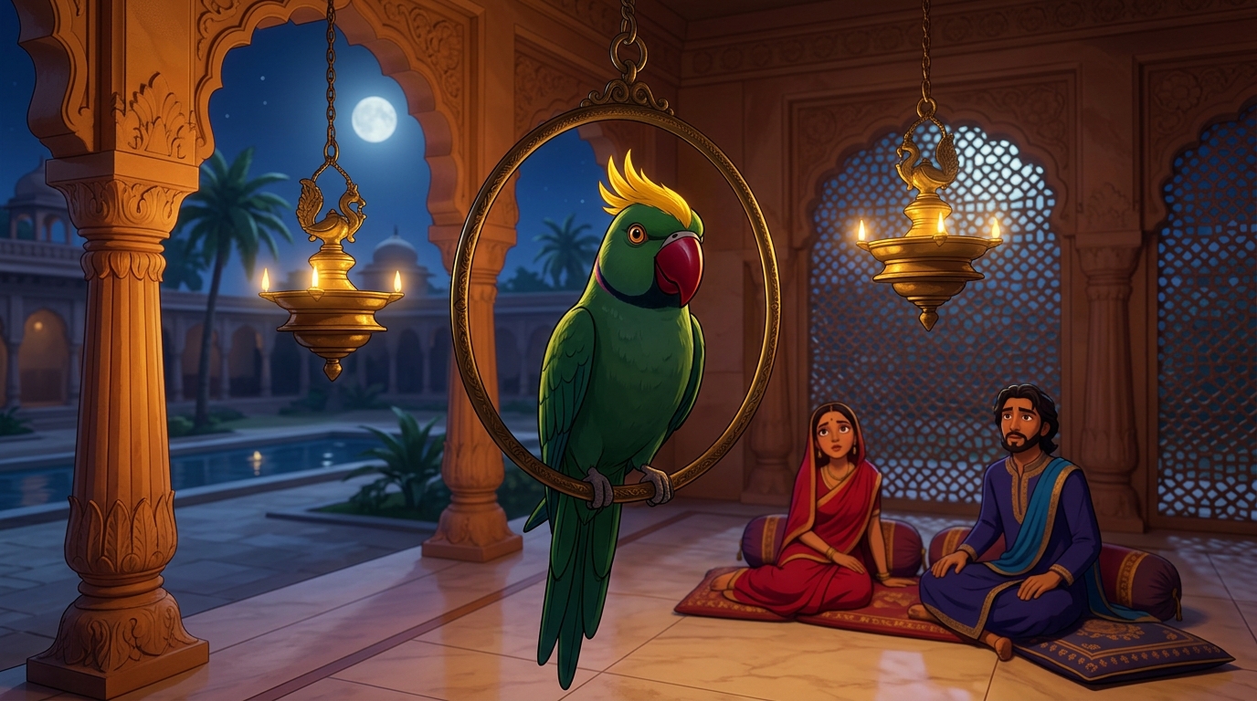 Back on the veranda in Chandravati, Shuka concluding the tale with piercing moral clarity
