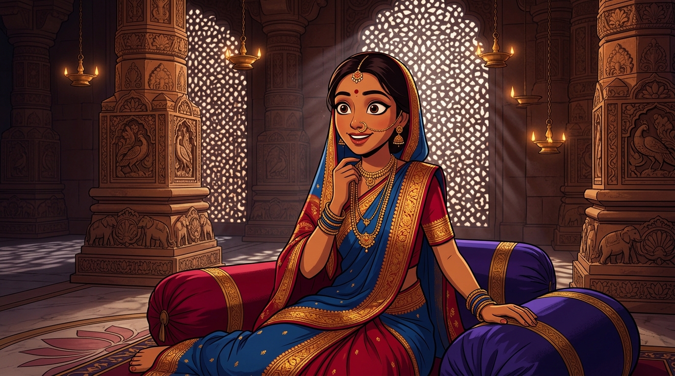 Prabhavati sitting on the bolsters, realizing the power of truth over false imitations