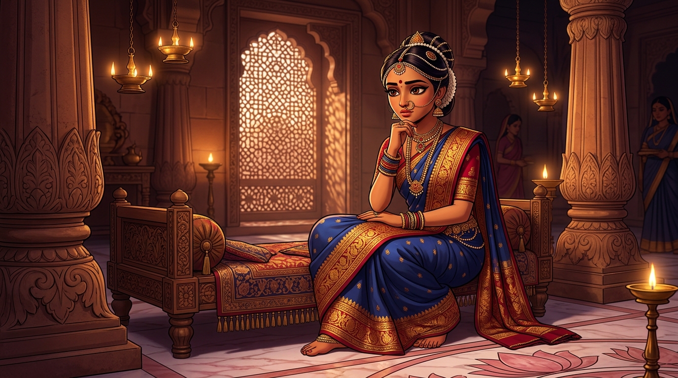 Prabhavati deep in introspection, realizing that the prince's romance is fake brass