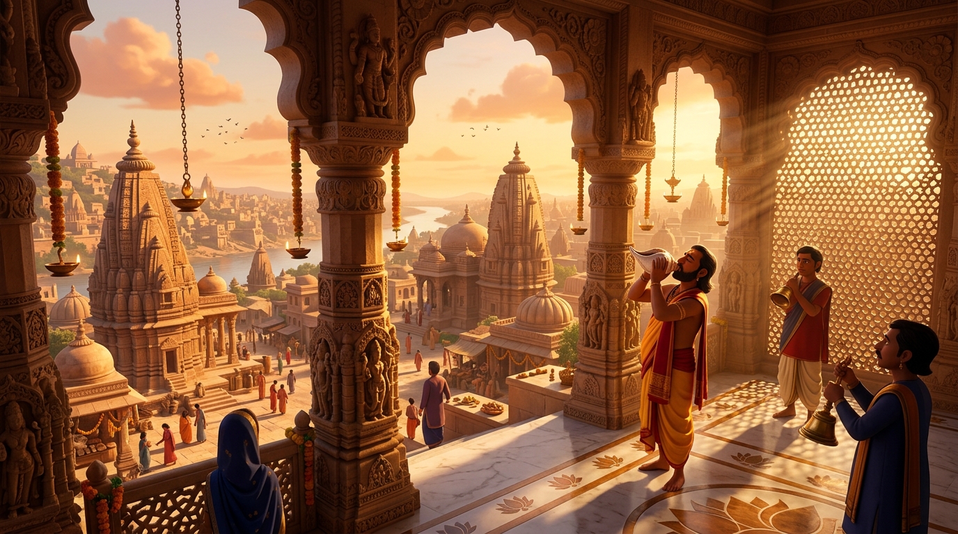 Golden dawn sunlight flooding across the Chandravati skyline as temple conches sound
