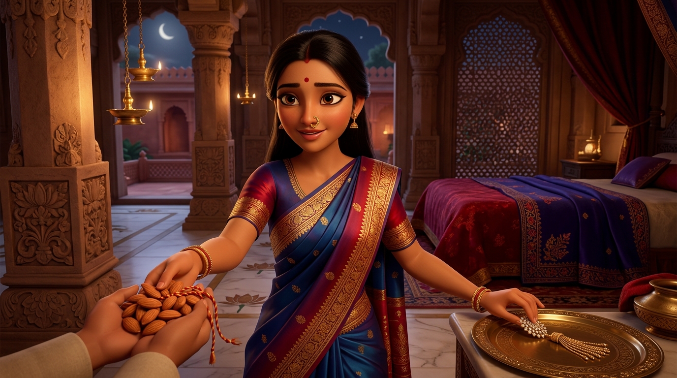Prabhavati removing the diamond tassel hairpin, giving Shuka sweet almonds with deep gratitude