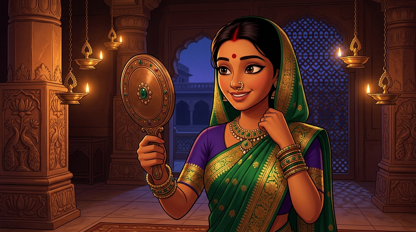 Prabhavati in emerald-green silk fastening the necklace around her neck by candlelight