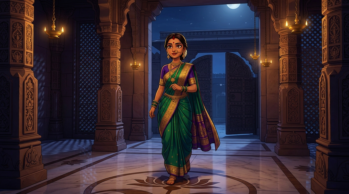 Prabhavati walking toward the courtyard gate with swift, confident steps under the moonlit sky