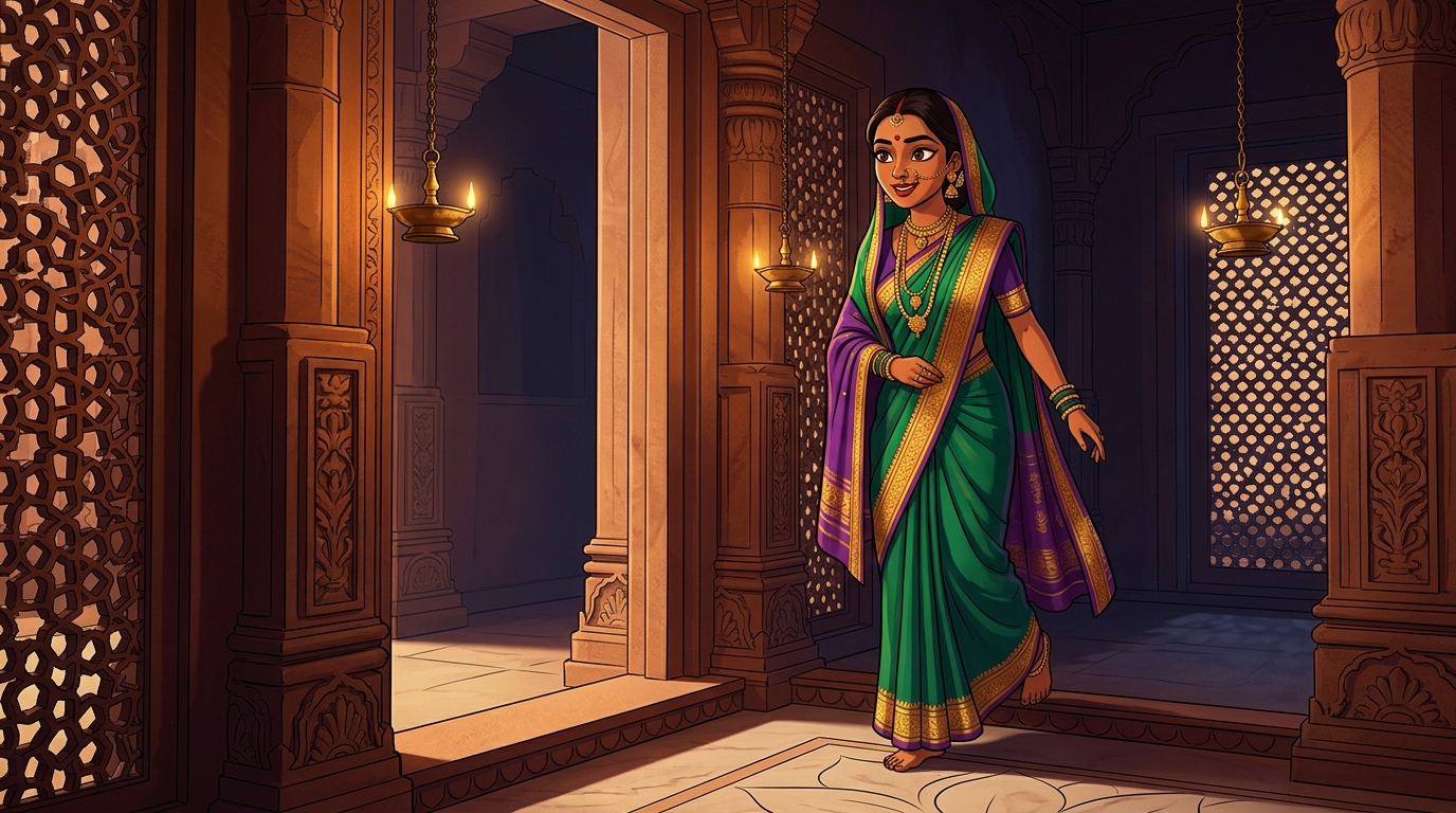Prabhavati pausing on the doorstep with an amused smile