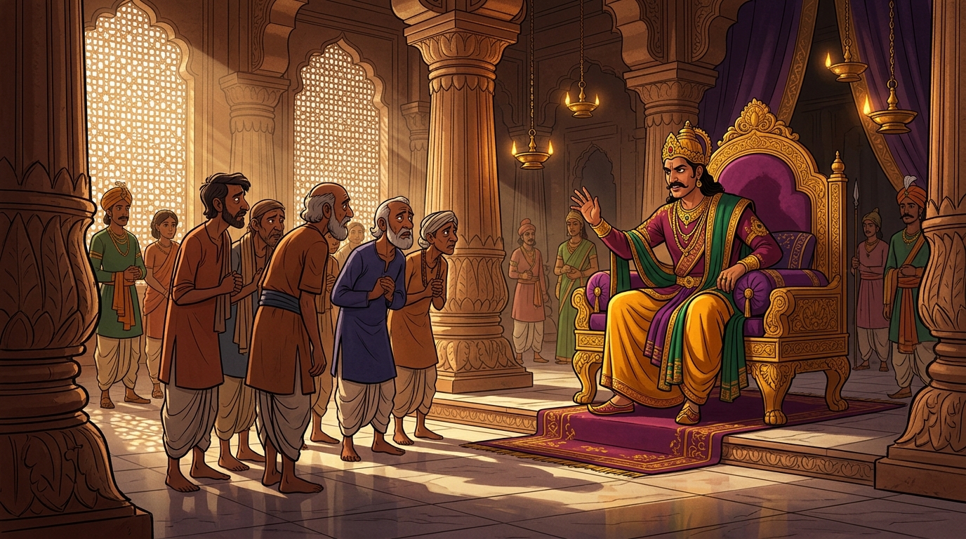 In ancient Mithila, King Tribhuvana issuing an impossible decree to farming village elders