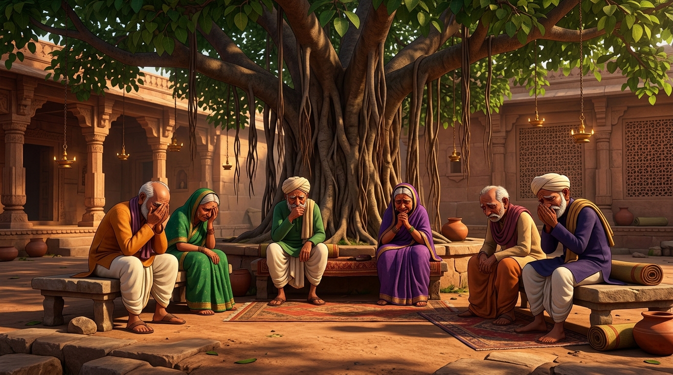 In the village square beneath a banyan tree, the weeping village elders sit in despair