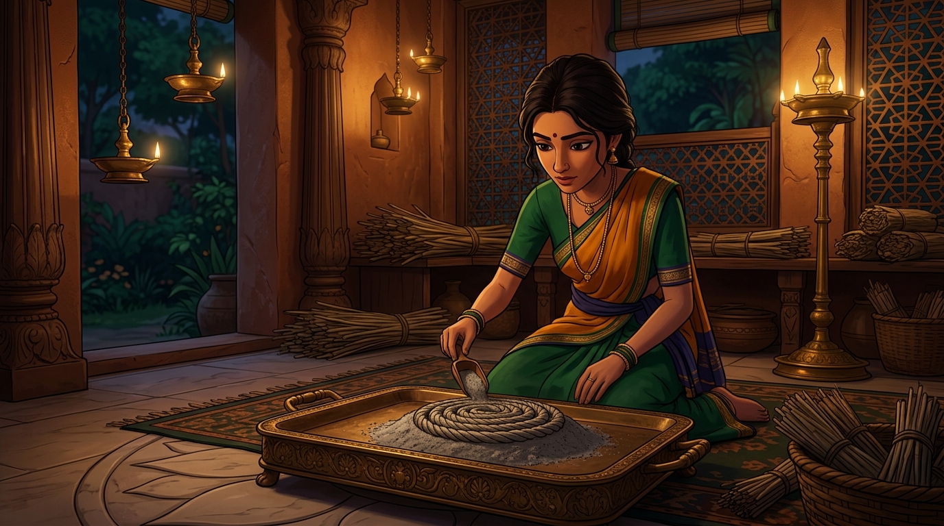 In her cottage, Vidyutlata arranging a bundle of dried reed ash into the coils of a woven rope