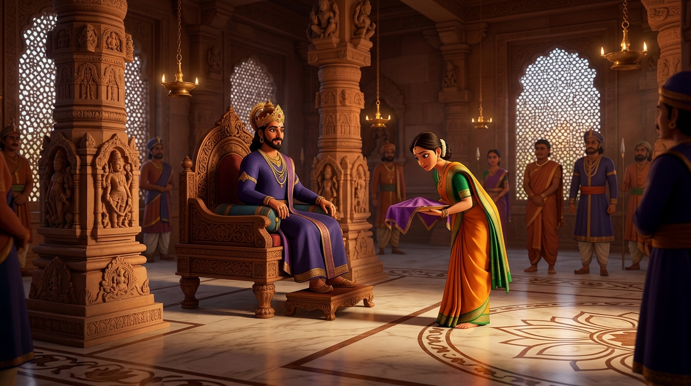 Vidyutlata carrying the bronze tray covered with fine silk into the grand royal court