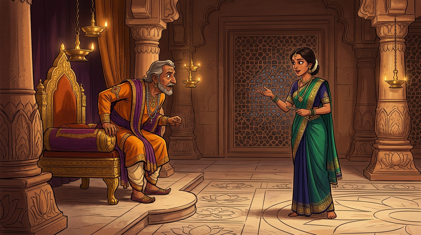 Vidyutlata challenging the King to lift the smoke-rope by lighting its cord with a royal lamp