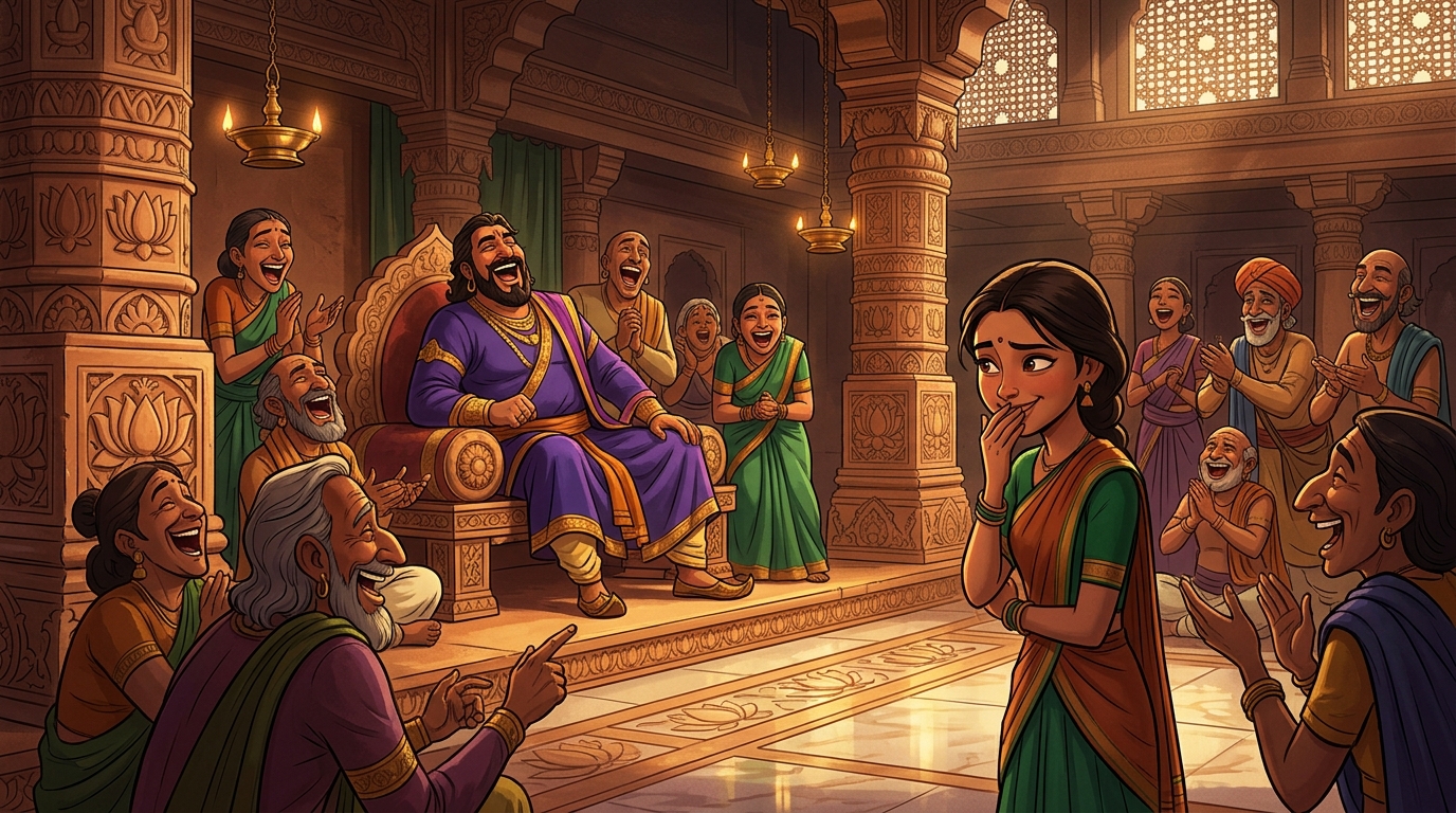 King Tribhuvana and the court bursting into roaring thunderous laughter