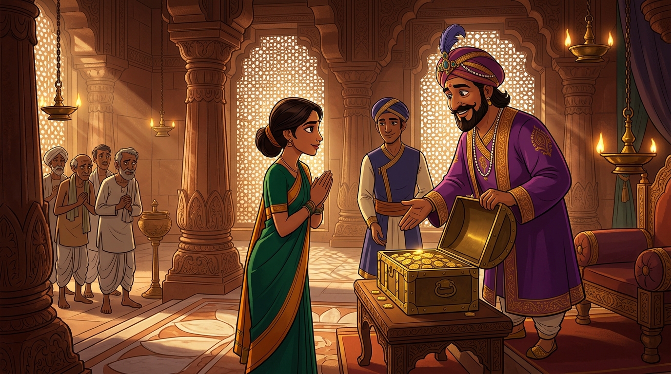 The King canceling the fine and presenting Vidyutlata with a heavy chest of 1,000 gold dinars