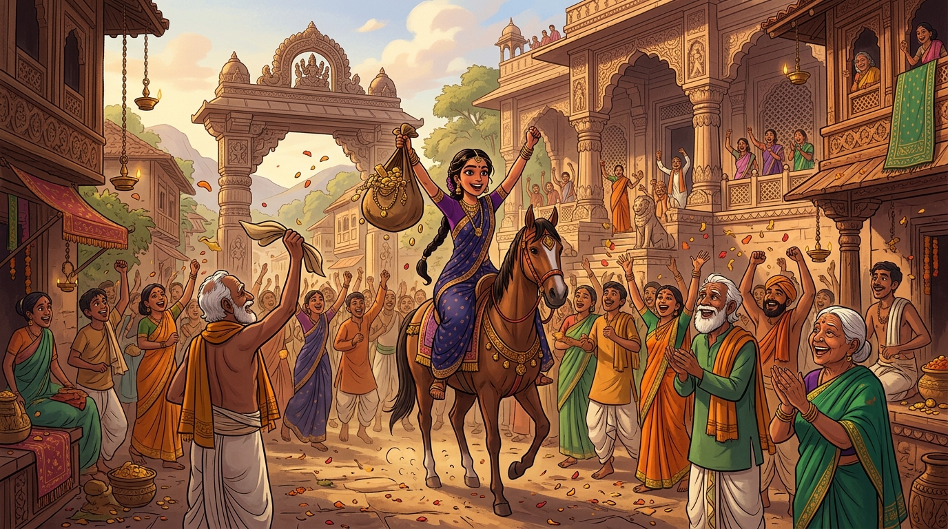 Vidyutlata returning to her village triumphantly with gold, celebrated by the cheering elders