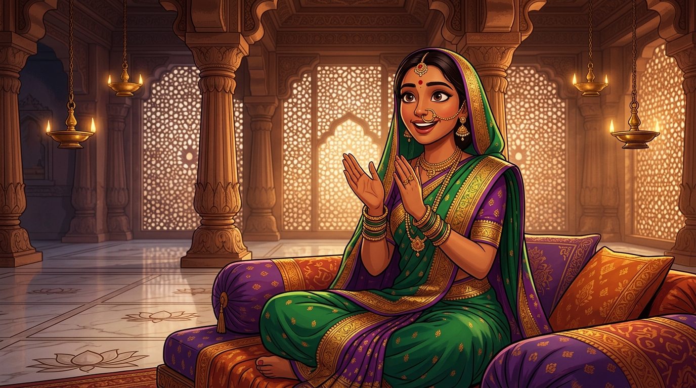 Prabhavati sitting on the silk cushions, clapping in wonder at the counter-riddle