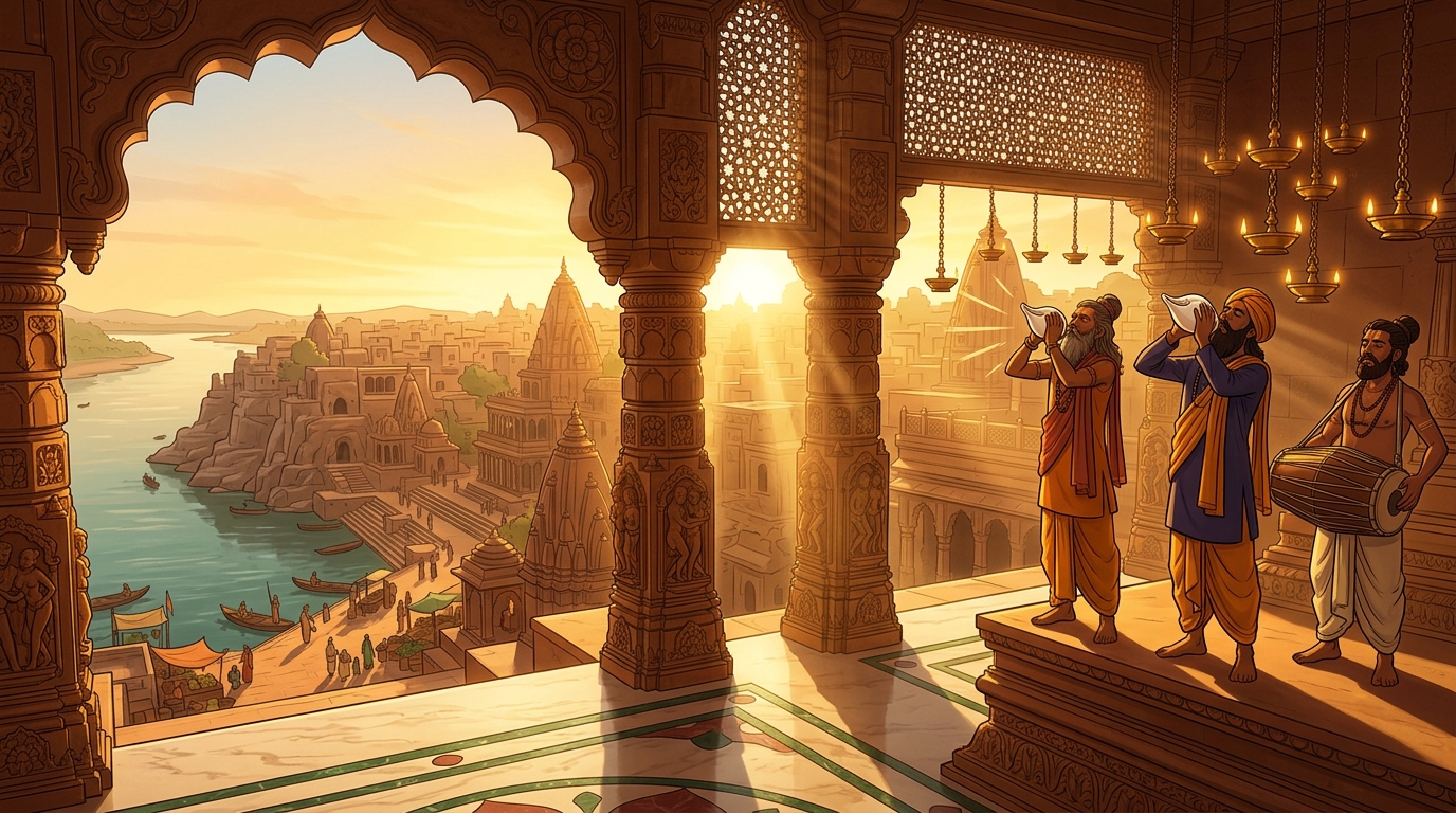 Golden dawn sunlight flooding across the sandstone arches as temple conches sound