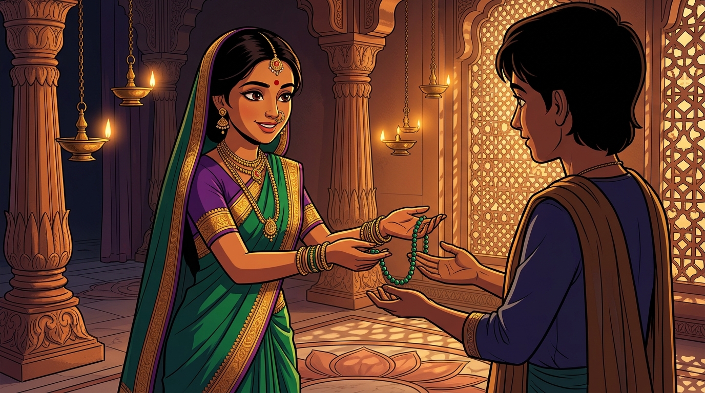 Prabhavati unclasps the emerald beads necklace, hands it to Shuka with deep gratitude, retreating