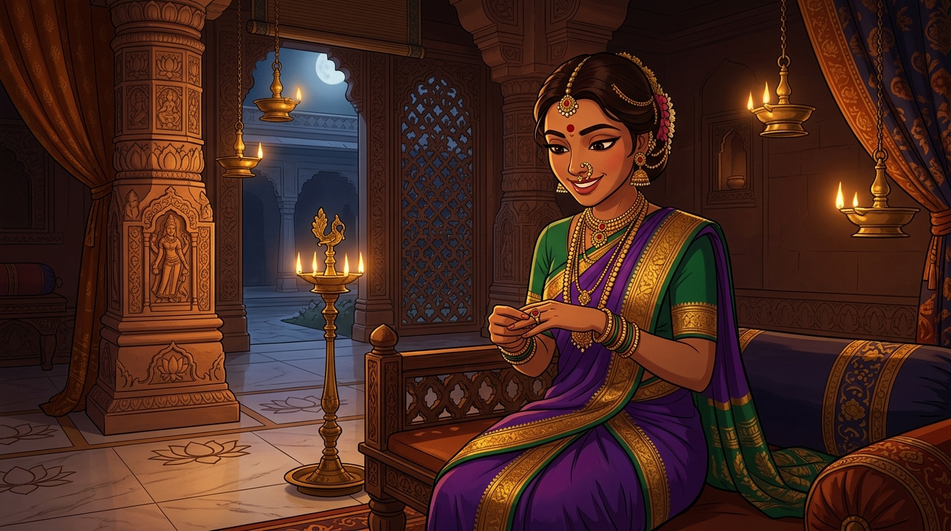 Prabhavati in royal purple silk slipping the ruby ring onto her finger by candlelight
