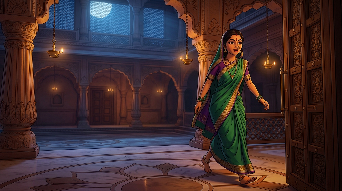 Prabhavati stepping toward the courtyard gate with swift, eager steps under the moonlit sky