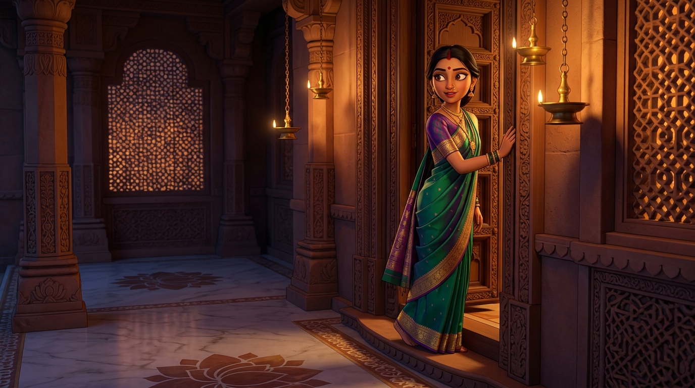 Prabhavati pausing on the doorstep with an amused smile