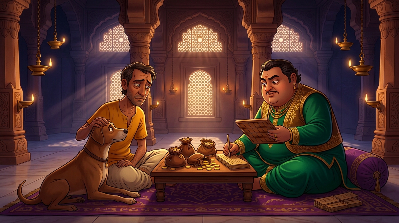 In ancient Ujjayini, impoverished merchant Somadatta borrowing 500 gold coins from moneylender Dhanapala