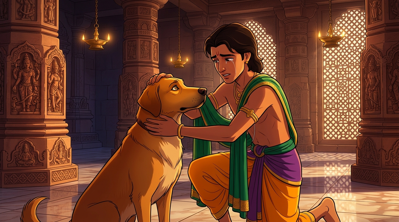 Somadatta tearfully patting his loyal dog: 'Stay faithful and guard this master until I repay!'