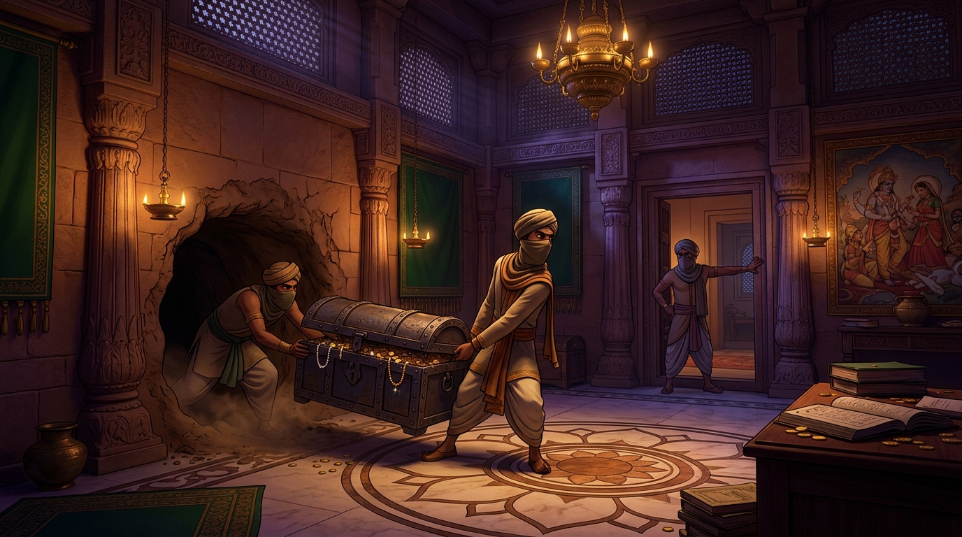 Midnight at the moneylender's mansion, a gang of masked bandits burrows a tunnel through the wall