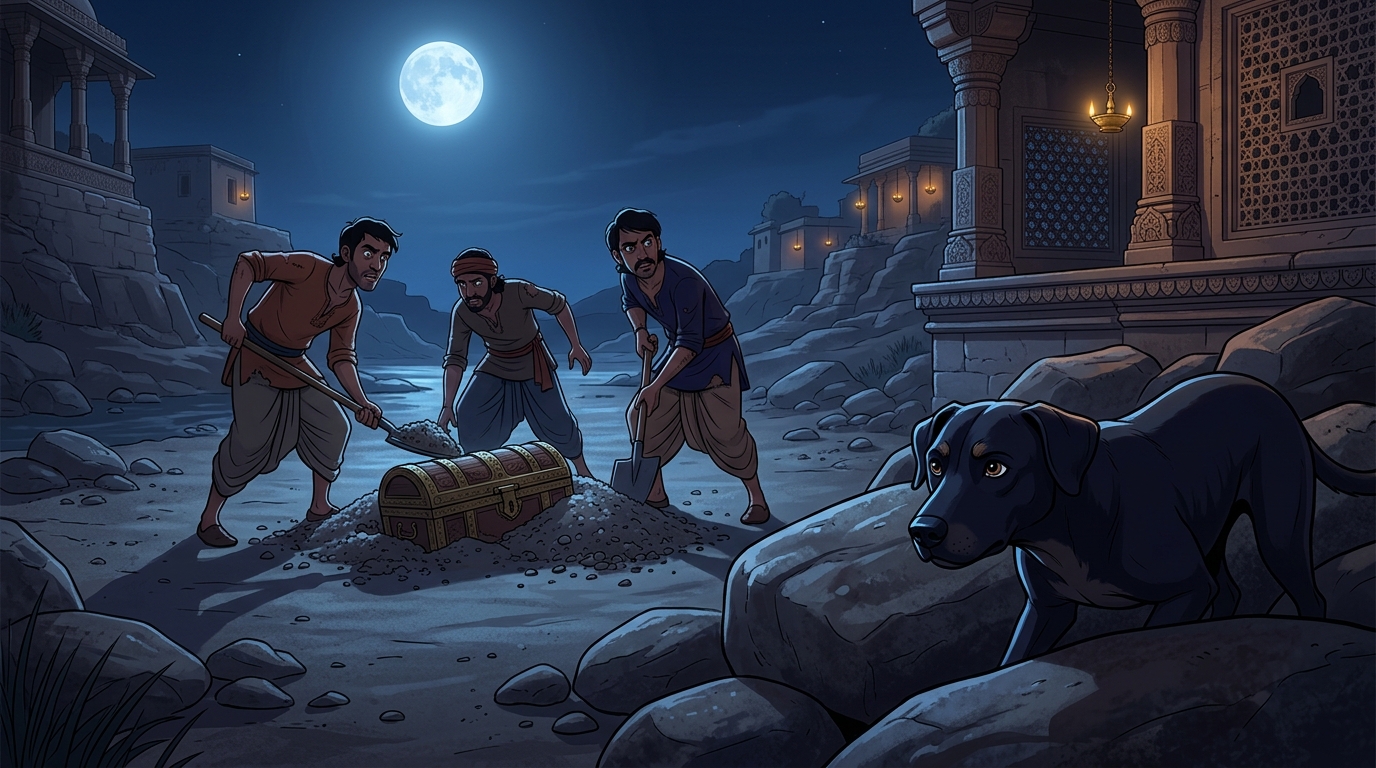 In the moonlight, the guard dog Bhairava silently following the bandits to a dry riverbed