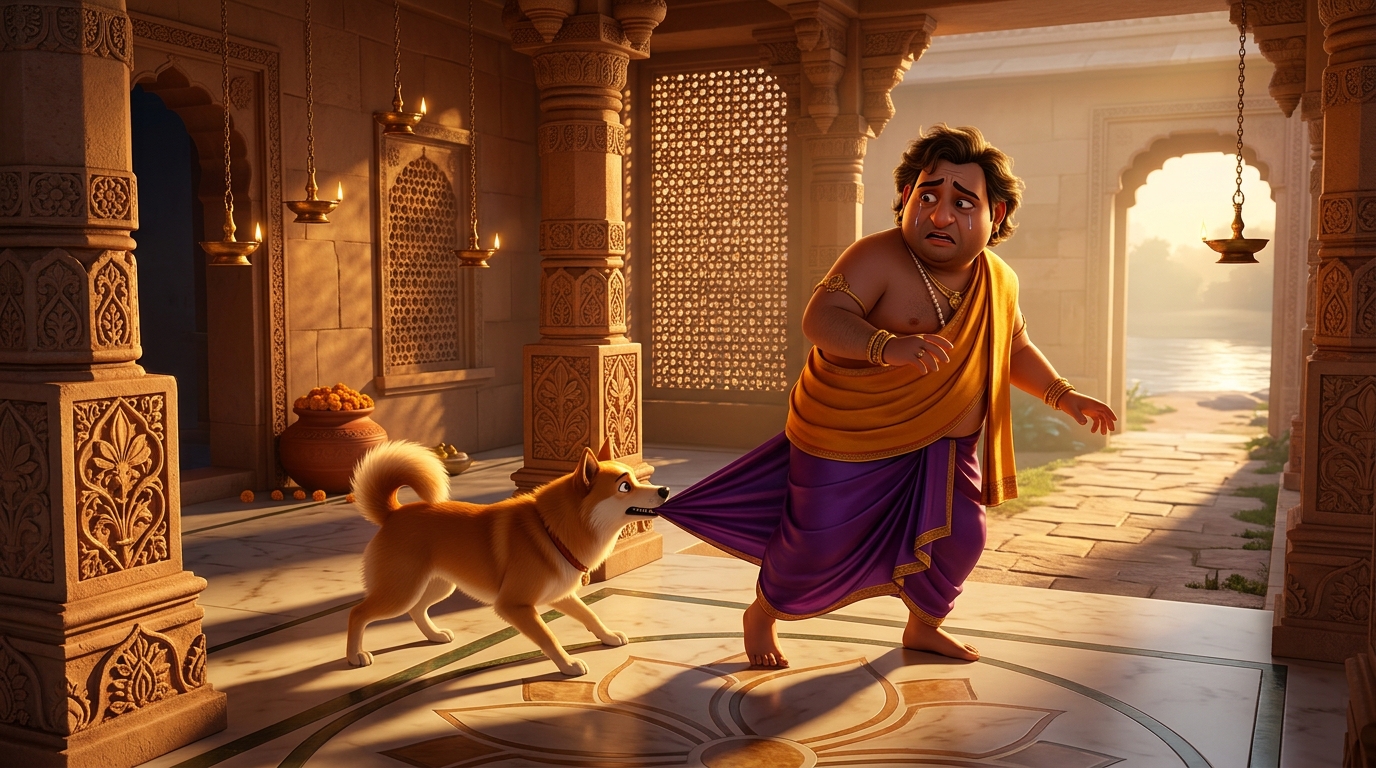 Next morning, Bhairava tugging Dhanapala's silk dhoti with his teeth, barking and leading him