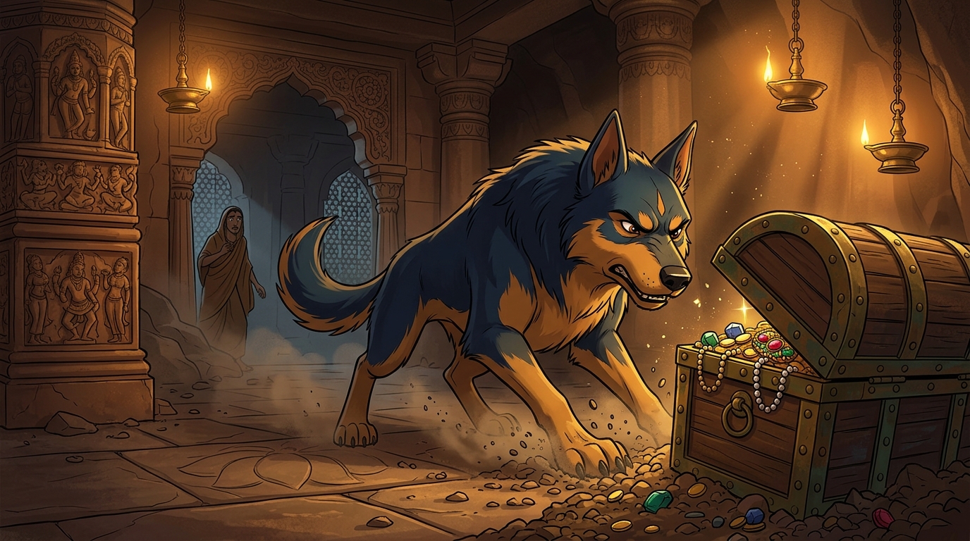 Bhairava digging frantically in the gravel with his paws, uncovering the buried treasure chest