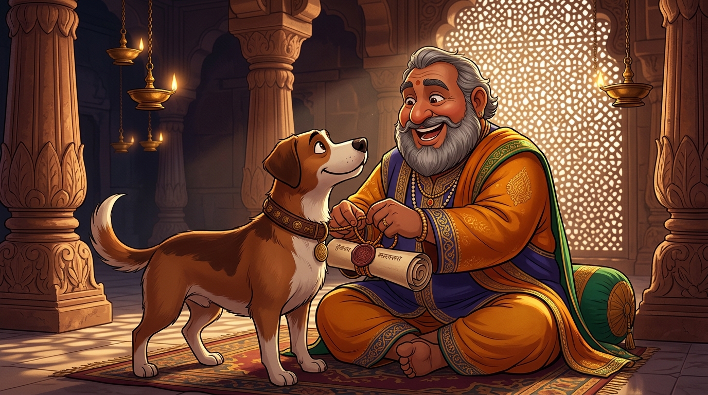 Overjoyed moneylender writing a stamped letter of debt discharge, tying it to the dog's collar