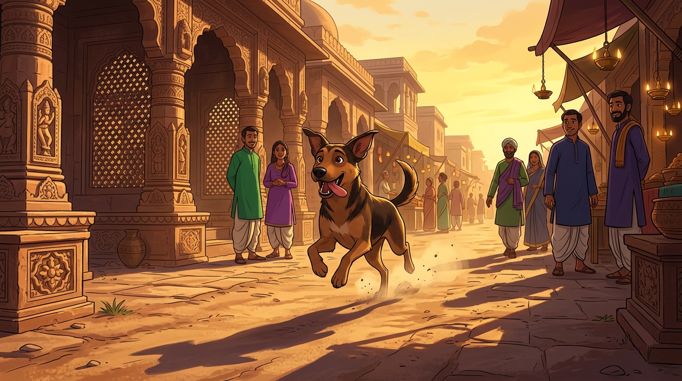 The faithful dog Bhairava bounding happily along the sunlit highway toward Somadatta's home