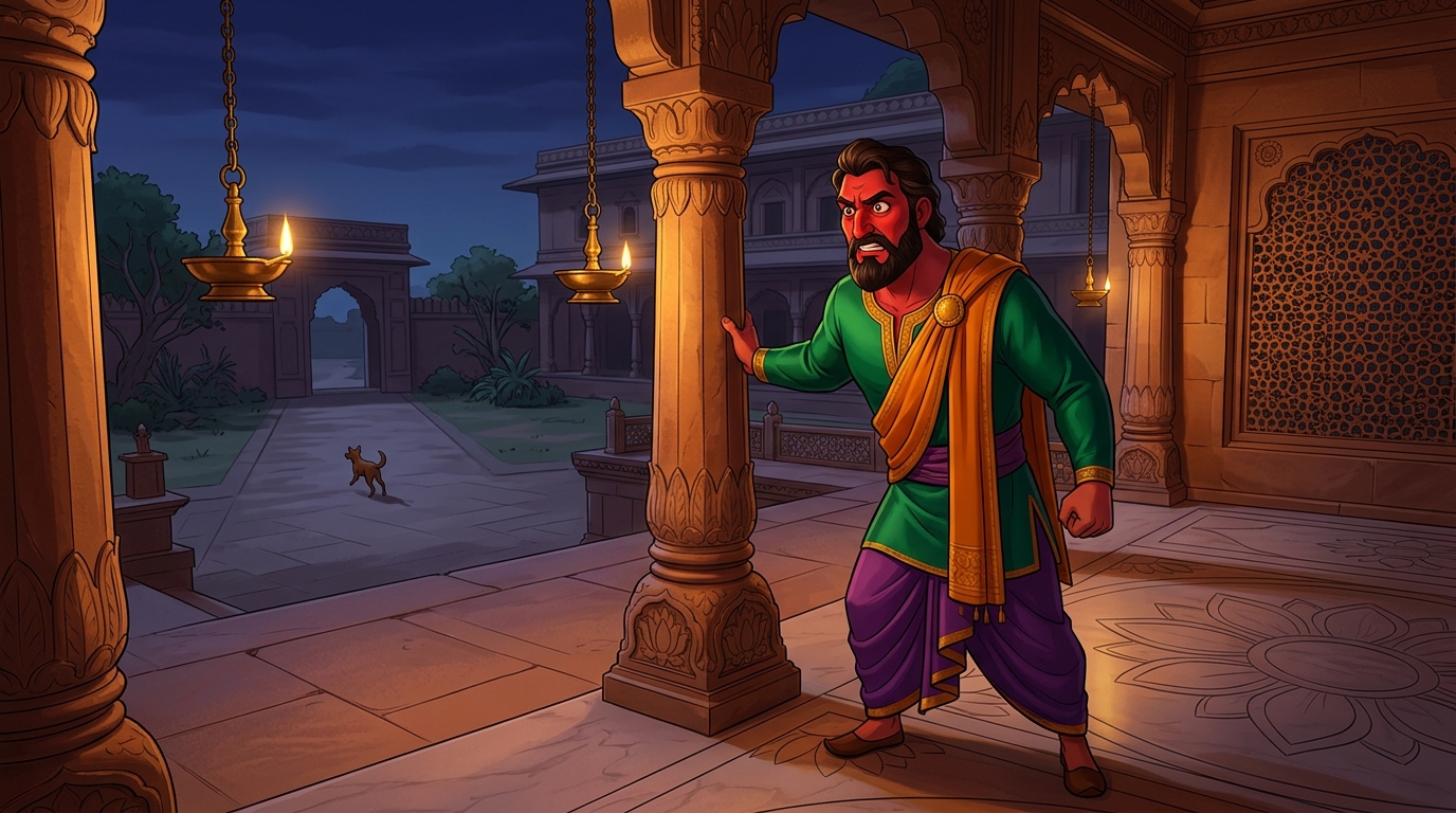 Somadatta sees the dog returning alone from afar, assuming the dog broke his pledge and ran away