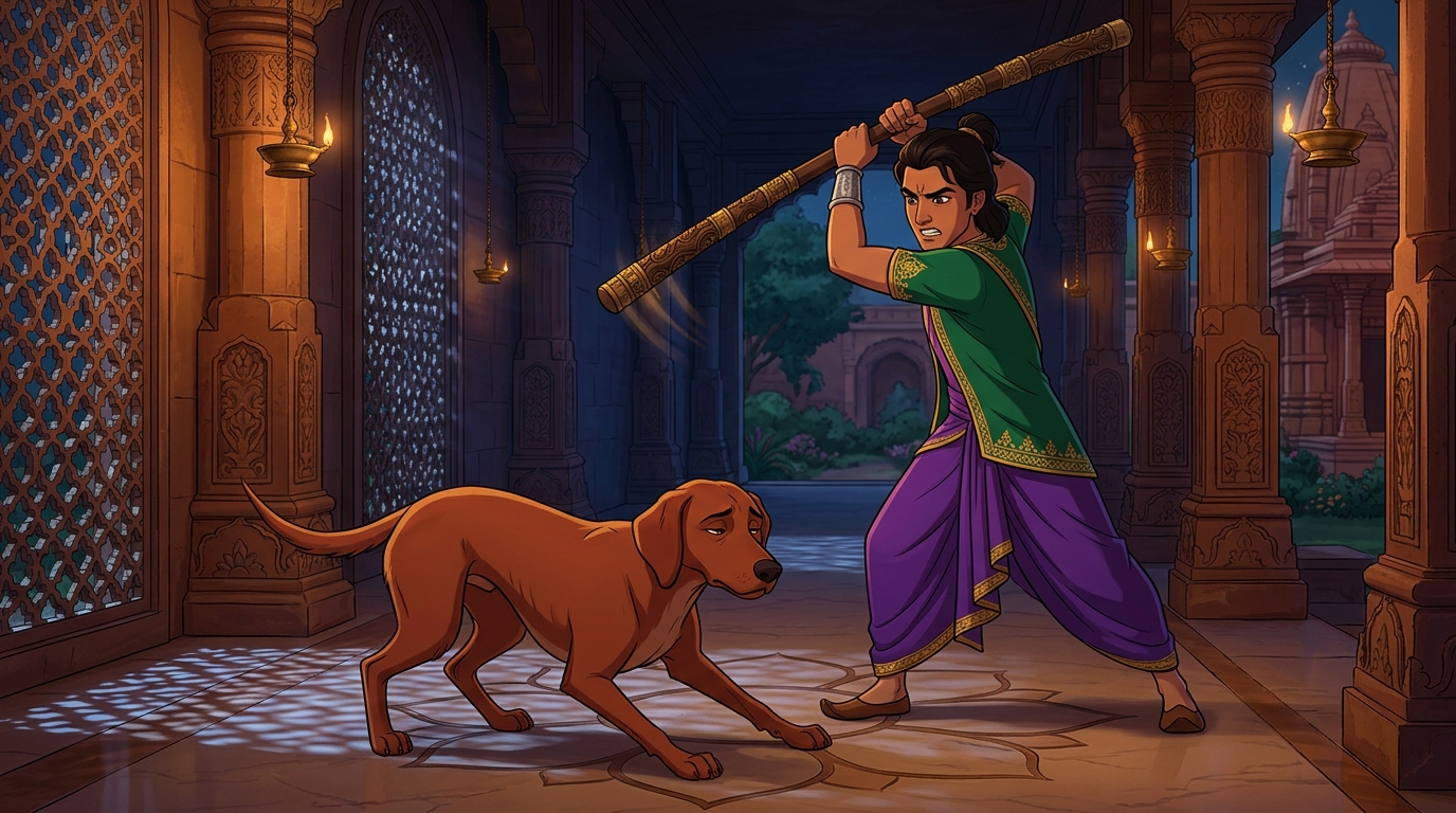As the joyful dog reaches him, Somadatta angrily strikes the dog with his heavy wooden staff