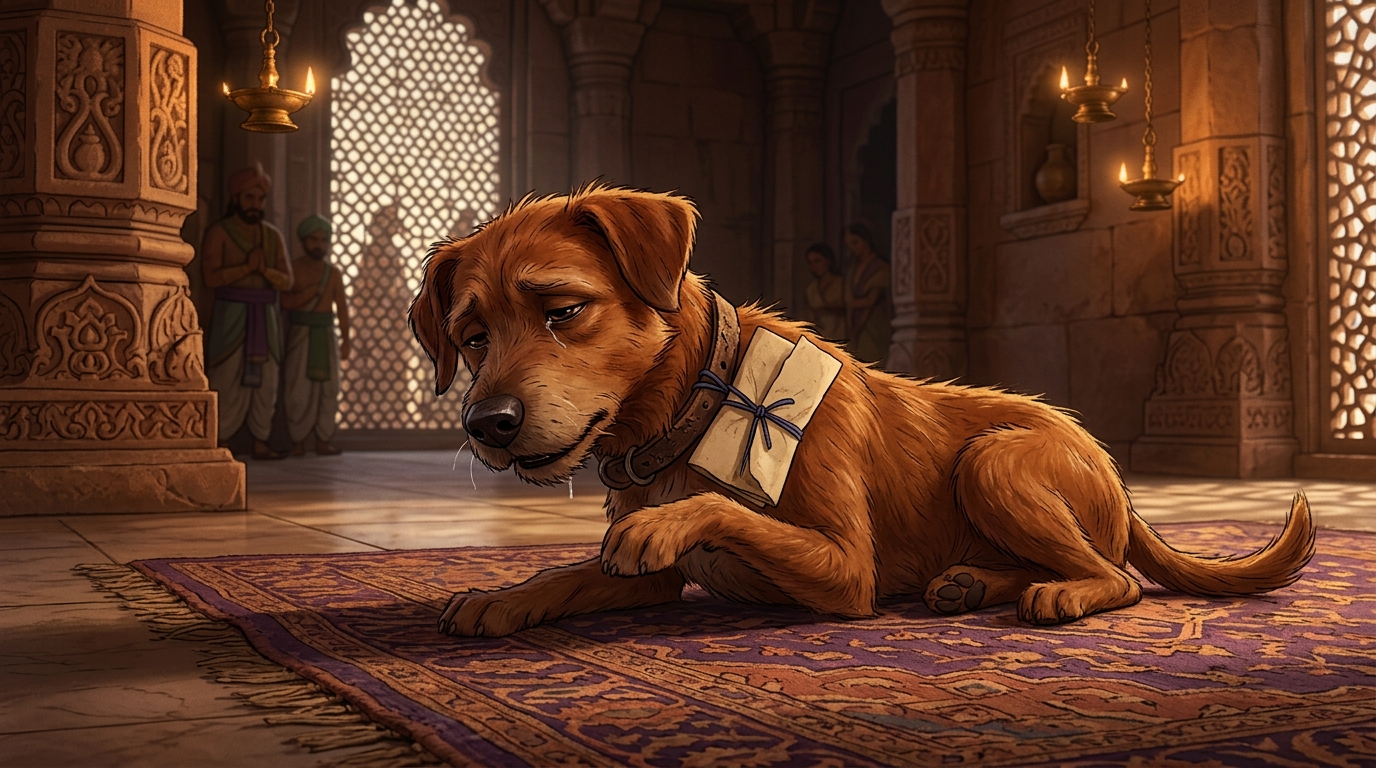 Dying, the dog whines softly, gently tapping its paw against the parchment letter tied around its collar