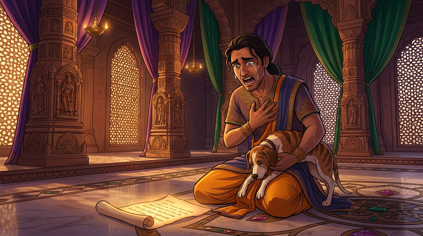 Somadatta opening the letter, screaming in grief, clutching his dead dog in bitter tears