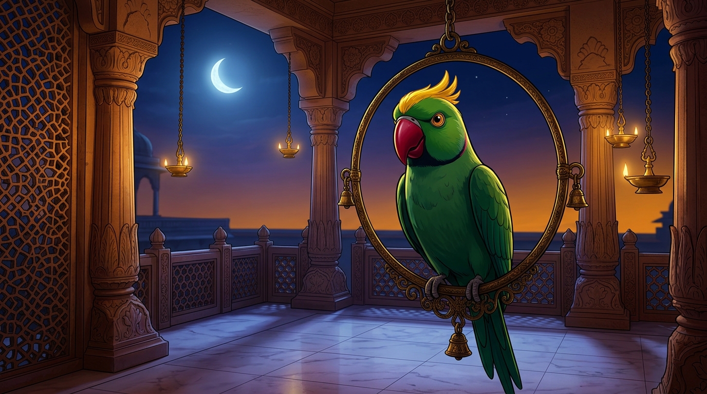 Back on the veranda in Chandravati, Shuka concluding the tale with solemn moral gravity