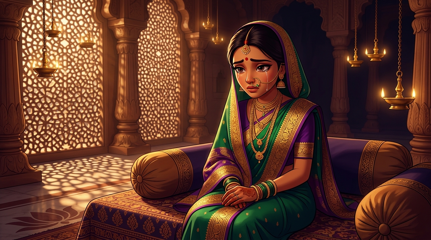 Prabhavati sitting on the bolsters, weeping soft tears of grief at the tragedy of hasty anger