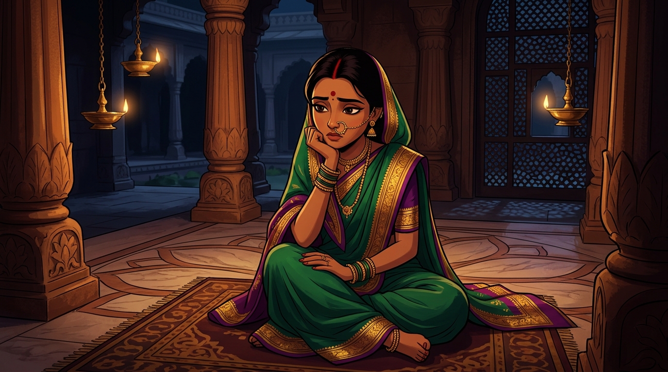 Prabhavati in deep contemplation, realizing impulsive midnight actions bring irreversible destruction