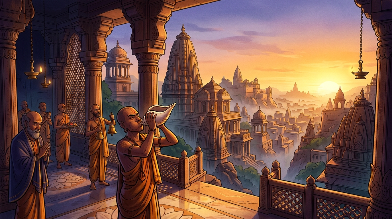 Golden dawn sunlight flooding across the Chandravati skyline as temple conches sound