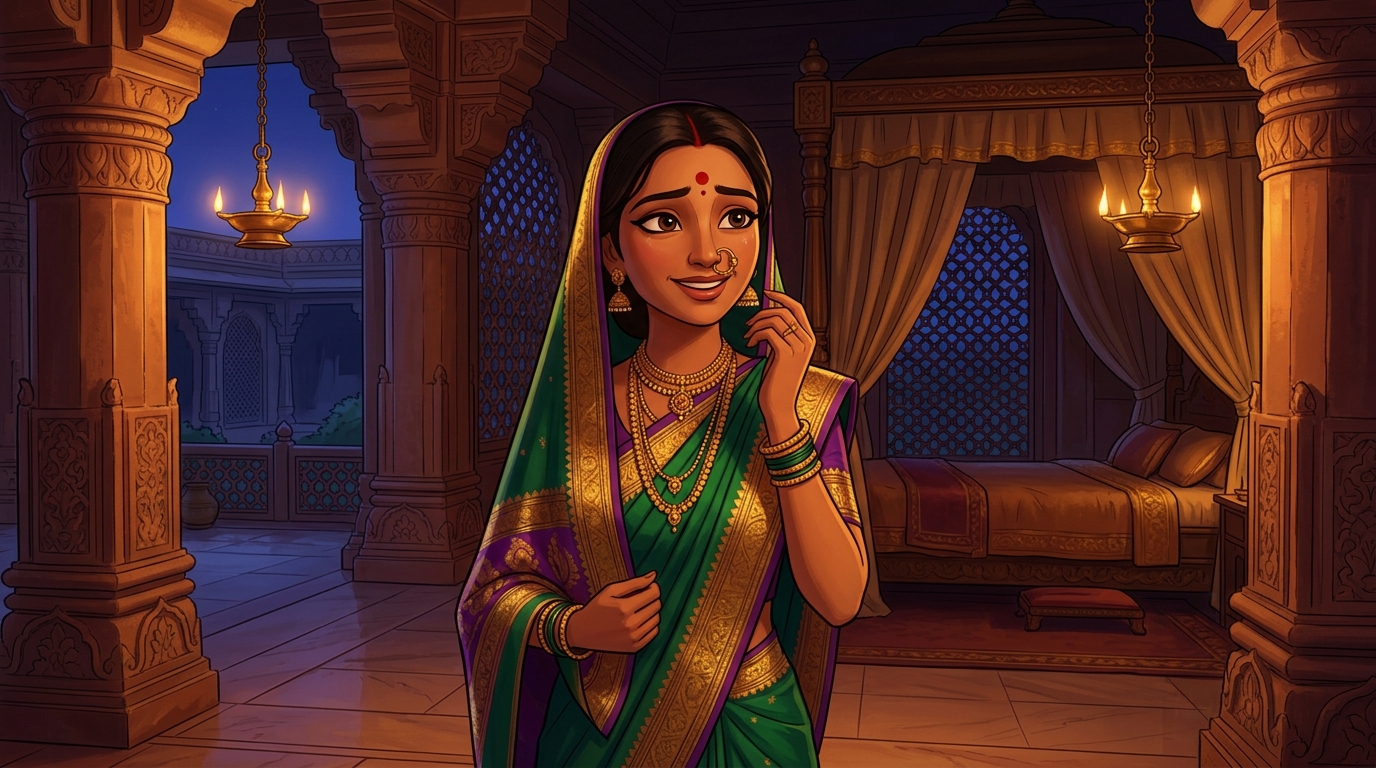 Smiling through tears of gratitude, Prabhavati removes the ruby ring, gives Shuka almonds, retreats