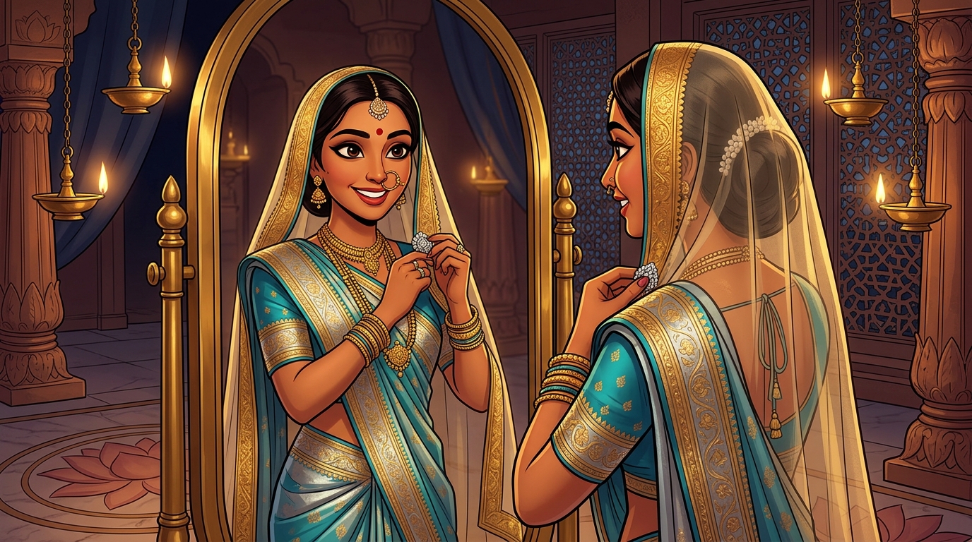 Prabhavati in turquoise and silver silk fastening the diamond veil clasp by candlelight