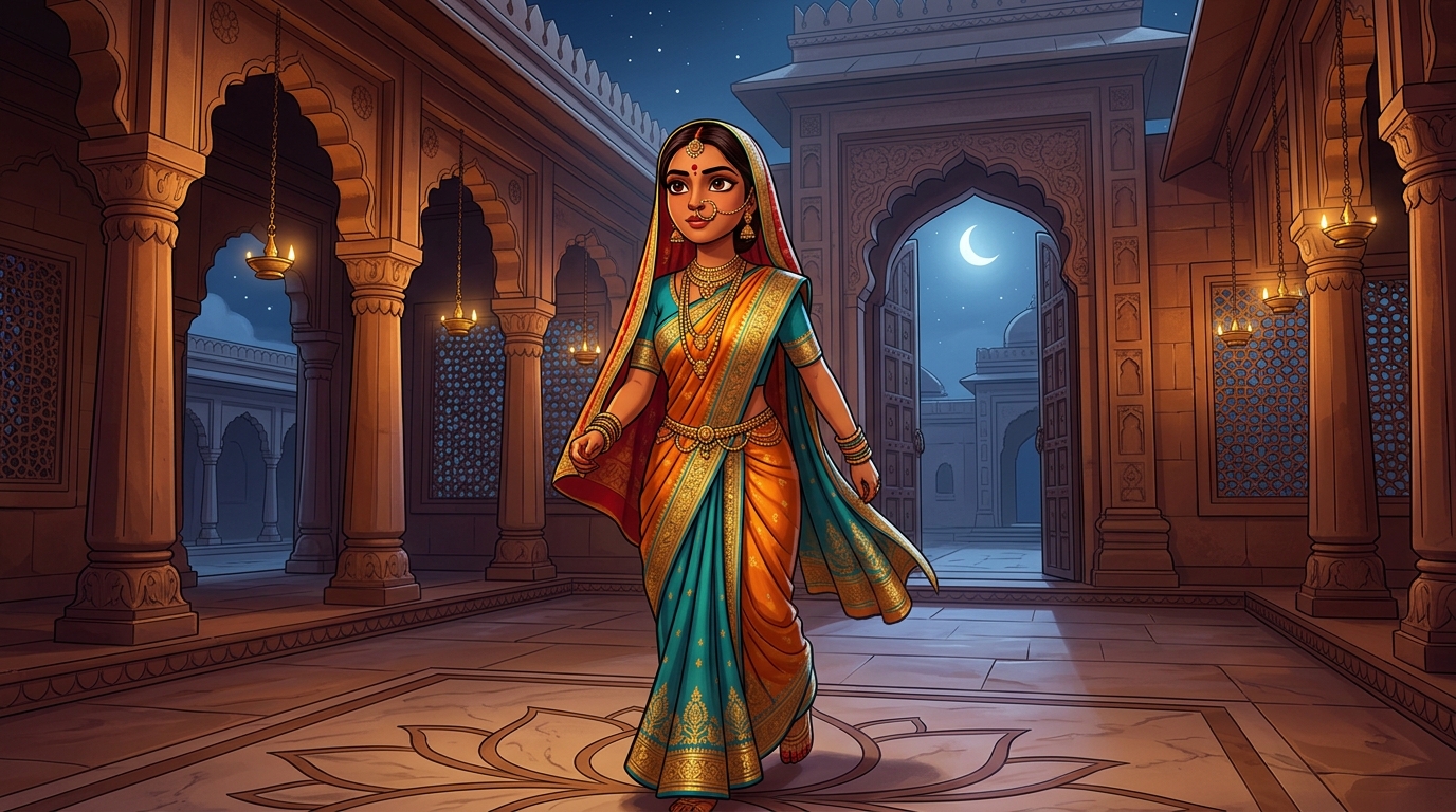 Prabhavati walking toward the courtyard gate with swift, confident steps under the moonlit sky