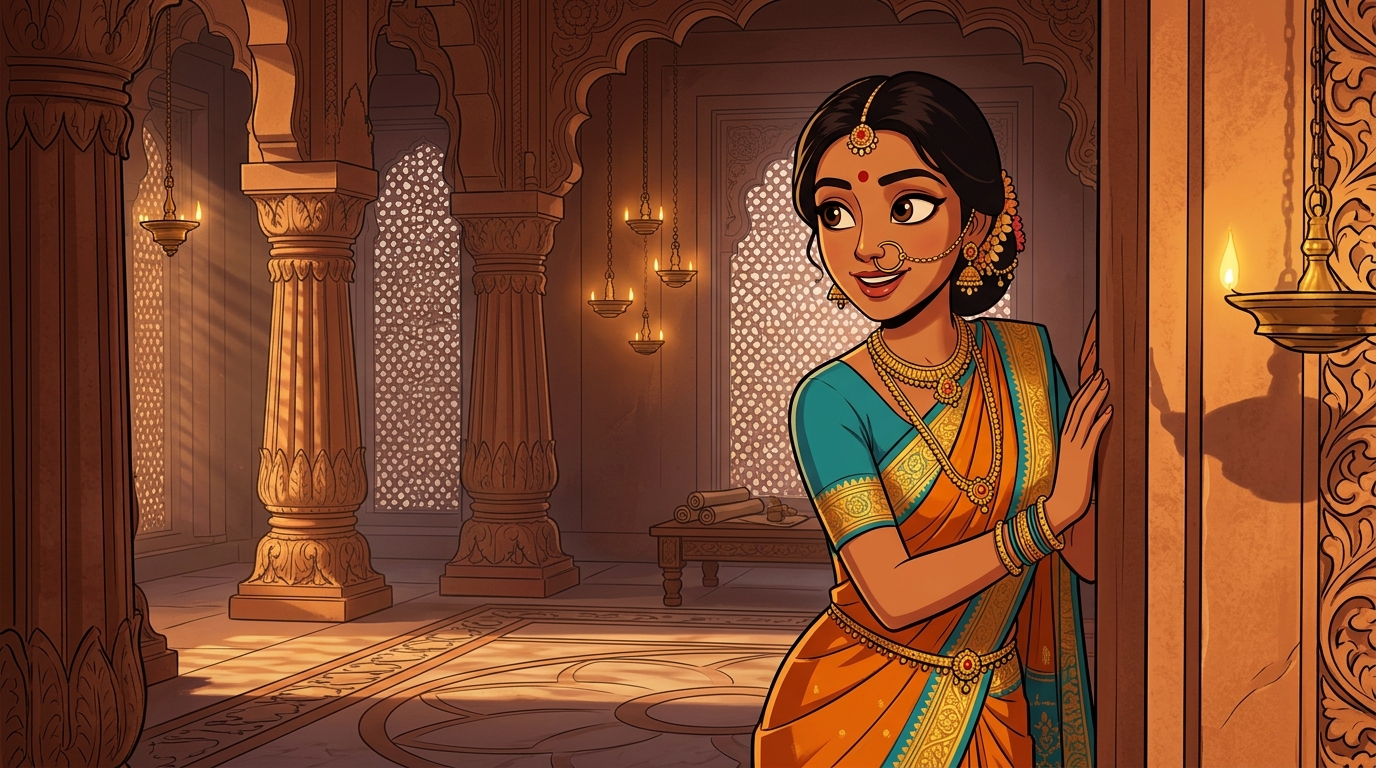Prabhavati pausing on the doorstep with an amused smile